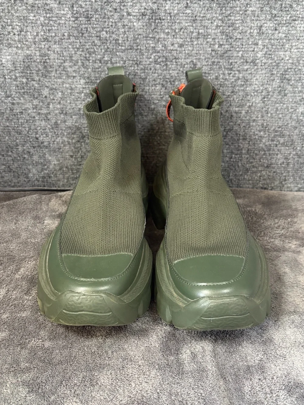 Olive Green Knit Platform Chelsea Boots with Orange Pull Tab Accent Chunky Boot
